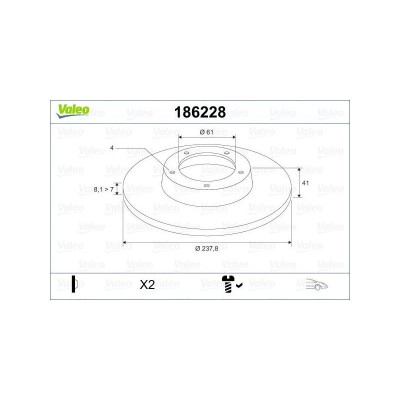 VAL-186228 (FREN DISKI ON CLIO TWINGO 1.1 1.2 93=> R5 (84-88) (238x8.2x4DL)) (MARKA: VALEO) (OEM:7701204285)