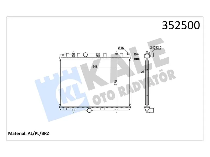 KALE-352500 (RADYATOR 301-1007-2008-207 1.6HDI (06+) C2-C3 II-C ELYSEE 1.4-1.6-1.4HDI (03+) (MT) AL PL BRZ) (MARKA: KALE) (OEM:KALE-352500)