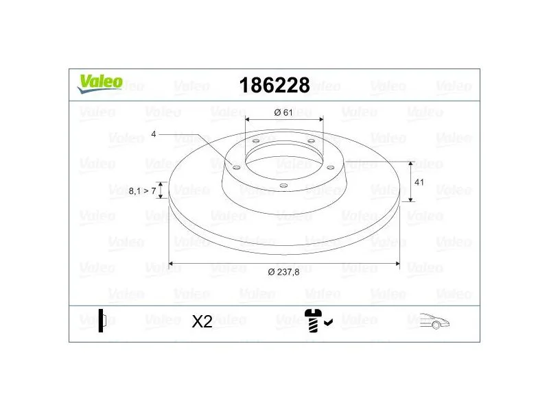 VAL-186228 (FREN DISKI ON CLIO TWINGO 1.1 1.2 93=> R5 (84-88) (238x8.2x4DL)) (MARKA: VALEO) (OEM:7701204285)